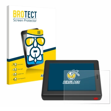 Front side of a product packaging with the brand logo BROTECT. Next to it is the device XC Tracer Maxx III shown with the corr