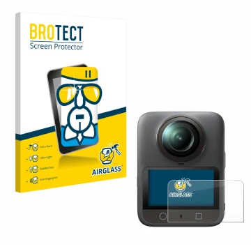 Front side of a product packaging with the brand logo BROTECT. Next to it is the device DJI Osmo 360 shown with the correspond