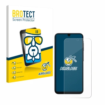 Front side of a product packaging with the brand logo BROTECT. Next to it is the device Samsung Galaxy A17 5G shown with the c