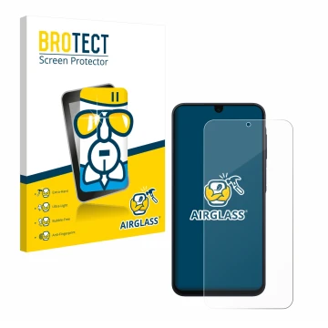 Front side of a product packaging with the brand logo BROTECT. Next to it is the device Samsung Galaxy A17 4G shown with the c