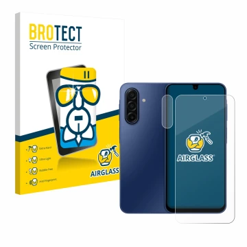 Front side of a product packaging with the brand logo BROTECT. Next to it is the device Samsung Galaxy A17 4G (Front+Camera) s