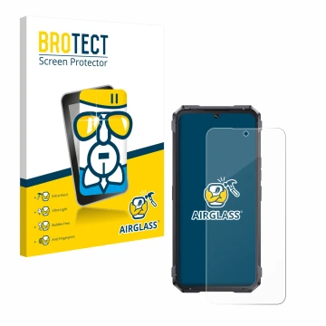 Front side of a product packaging with the brand logo BROTECT. Next to it is the device Cubot King Kong 11 shown with the corr