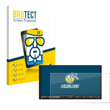 Front side of a product packaging with the brand logo BROTECT. Next to it is the device Kenwood DMX8021DABS shown with the cor