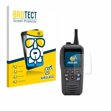 Front side of a product packaging with the brand logo BROTECT. Next to it is the device Icom IC-M94D shown with the correspond