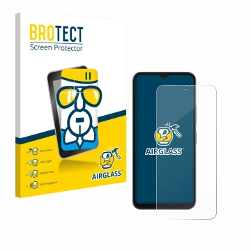 Front side of a product packaging with the brand logo BROTECT. Next to it is the device Telekom T Phone 3 shown with the corre