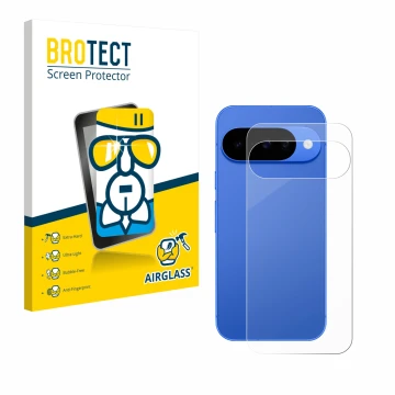 Front side of a product packaging with the brand logo BROTECT. Next to it is the device Google Pixel 10 (Back) shown with the 