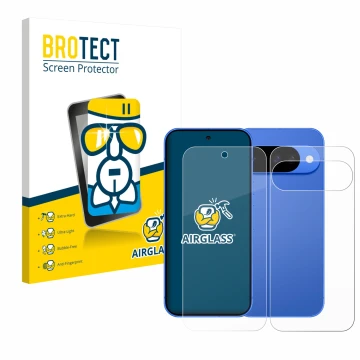Front side of a product packaging with the brand logo BROTECT. Next to it is the device Google Pixel 10 (Front+Back) shown wit