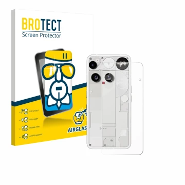 Front side of a product packaging with the brand logo BROTECT. Next to it is the device Nothing Phone (3) (Back) shown with th