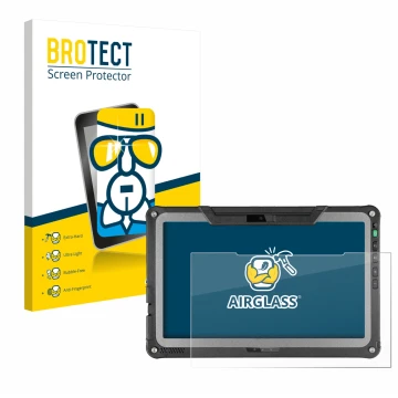 Front side of a product packaging with the brand logo BROTECT. Next to it is the device Getac F110 G7 shown with the correspon