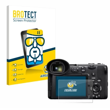 Front side of a product packaging with the brand logo BROTECT. Next to it is the device Sony Cinema Line FX2 shown with the co