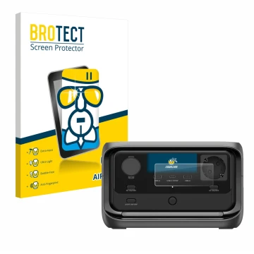 Front side of a product packaging with the brand logo BROTECT. Next to it is the device EcoFlow River 3 Plus shown with the co