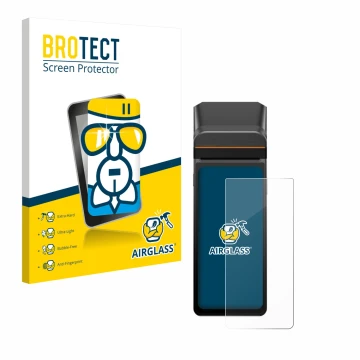 Front side of a product packaging with the brand logo BROTECT. Next to it is the device Sunmi V3H shown with the corresponding