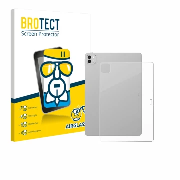 Front side of a product packaging with the brand logo BROTECT. Next to it is the device Honor Magicpad 3 (Back) shown with the