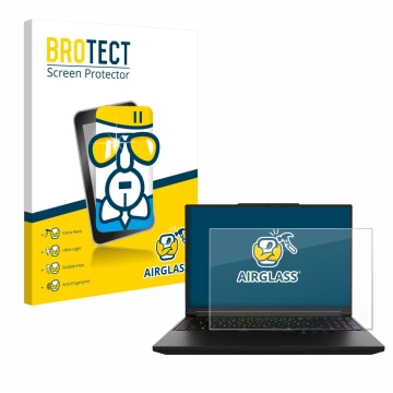 Front side of a product packaging with the brand logo BROTECT. Next to it is the device XMG Pro 16 shown with the correspondin