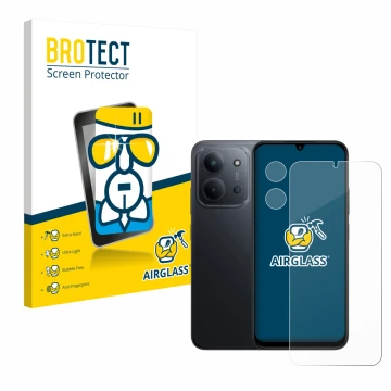 Front side of a product packaging with the brand logo BROTECT. Next to it is the device Xiaomi Redmi 15C (Front+Camera) shown 