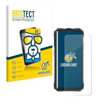 Front side of a product packaging with the brand logo BROTECT. Next to it is the device Cubot King Kong AX shown with the corr