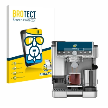 Front side of a product packaging with the brand logo BROTECT. Next to it is the device Ninja Luxe Cafe Pro ES701EU shown with