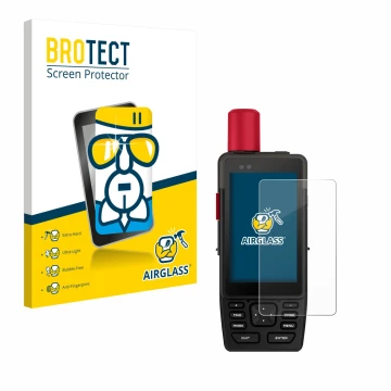 Front side of a product packaging with the brand logo BROTECT. Next to it is the device Garmin GPSMAP H1i Plus shown with the 