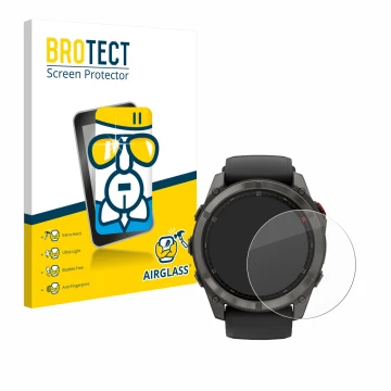 Front side of a product packaging with the brand logo BROTECT. Next to it is the device Garmin Fenix 8 Pro MicroLED (51 mm) sh