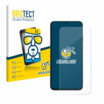 Front side of a product packaging with the brand logo BROTECT. Next to it is the device Samsung Galaxy S25 FE shown with the c