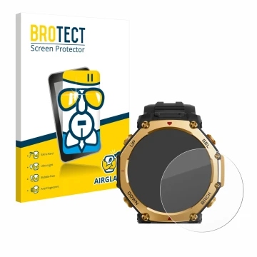 Front side of a product packaging with the brand logo BROTECT. Next to it is the device Huami Amazfit T-Rex 3 Pro (48 mm) show
