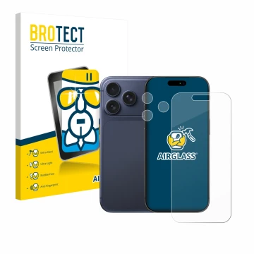 Front side of a product packaging with the brand logo BROTECT. Next to it is the device Apple iPhone 17 Pro (Front+Camera) sho