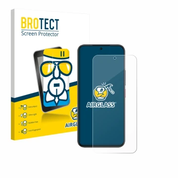 Front side of a product packaging with the brand logo BROTECT. Next to it is the device Nubia Air shown with the corresponding