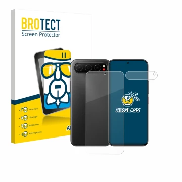 Front side of a product packaging with the brand logo BROTECT. Next to it is the device Nubia Air (Front+Camera) shown with th