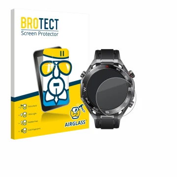Front side of a product packaging with the brand logo BROTECT. Next to it is the device Huawei Watch Ultimate 2 Black shown wi
