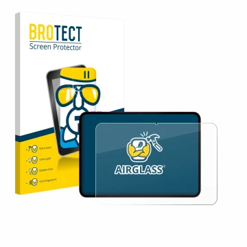 Front side of a product packaging with the brand logo BROTECT. Next to it is the device Teclast T65 Plus shown with the corres