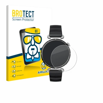 Front side of a product packaging with the brand logo BROTECT. Next to it is the device Huawei Watch GT 6 (41 mm) shown with t