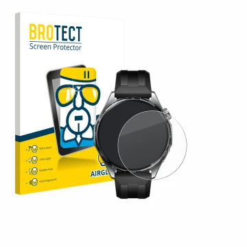 Front side of a product packaging with the brand logo BROTECT. Next to it is the device Huawei Watch GT 6 (46 mm) shown with t