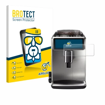 Front side of a product packaging with the brand logo BROTECT. Next to it is the device Philips Saeco Xelsis Suprema shown wit