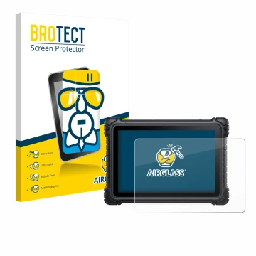 Front side of a product packaging with the brand logo BROTECT. Next to it is the device iCarsoft CR Eagle shown with the corre