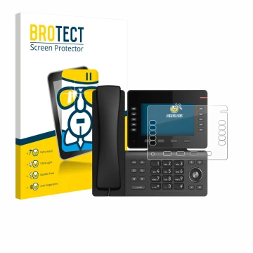 Front side of a product packaging with the brand logo BROTECT. Next to it is the device Snom D865 shown with the corresponding