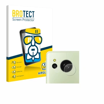 Front side of a product packaging with the brand logo BROTECT. Next to it is the device Sharp Aquos Sense 8 (ONLY Camera) show