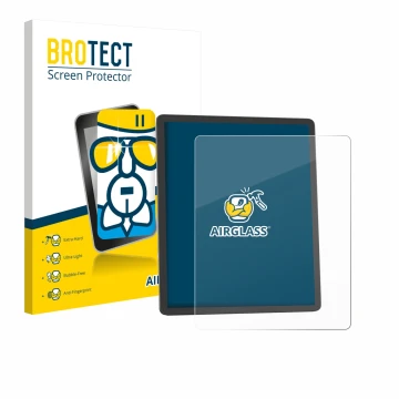 Front side of a product packaging with the brand logo BROTECT. Next to it is the device Amazon Kindle Scribe 2025 shown with t