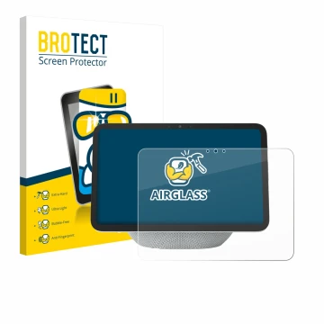Front side of a product packaging with the brand logo BROTECT. Next to it is the device Amazon Echo Show 11 2025 shown with th