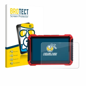 Front side of a product packaging with the brand logo BROTECT. Next to it is the device Launch X-431 Pad IX shown with the cor