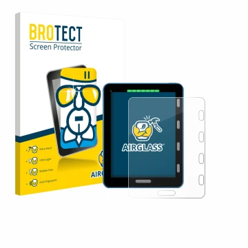 Front side of a product packaging with the brand logo BROTECT. Next to it is the device Vakaros Atlas 2 / Edge shown with the 
