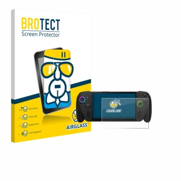 Front side of a product packaging with the brand logo BROTECT. Next to it is the device ASUS ROG Ally X 2025 shown with the co