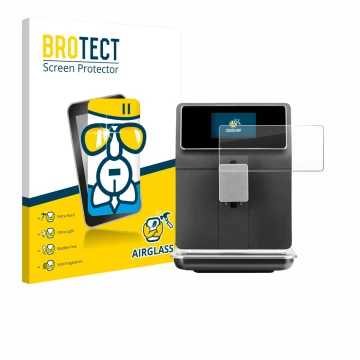 Front side of a product packaging with the brand logo BROTECT. Next to it is the device WMF Perfection 860L shown with the cor