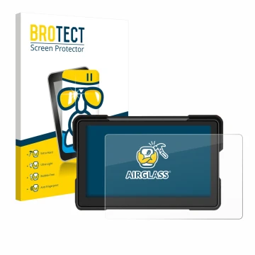 Front side of a product packaging with the brand logo BROTECT. Next to it is the device Airpuxem Motorrad Carplay 7