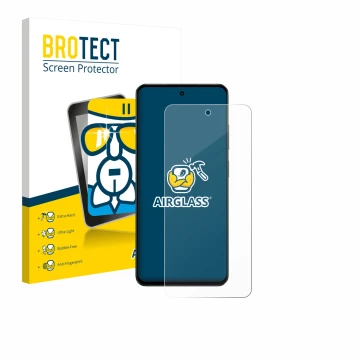 Front side of a product packaging with the brand logo BROTECT. Next to it is the device realme P3 Lite shown with the correspo