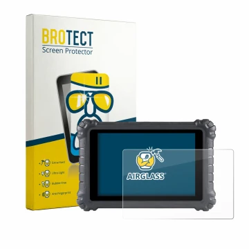 Front side of a product packaging with the brand logo BROTECT. Next to it is the device Autel MaxiSys MS906 Pro shown with the