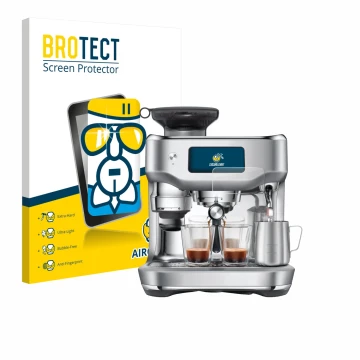 Front side of a product packaging with the brand logo BROTECT. Next to it is the device Sage the Oracle Dual Boiler shown with