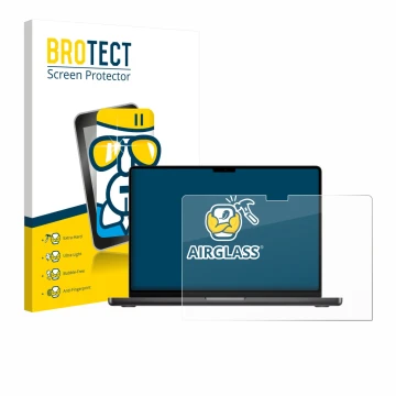 Front side of a product packaging with the brand logo BROTECT. Next to it is the device Apple MacBook Pro 14