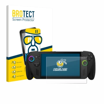 Front side of a product packaging with the brand logo BROTECT. Next to it is the device ASUS ROG Xbox Ally X shown with the co