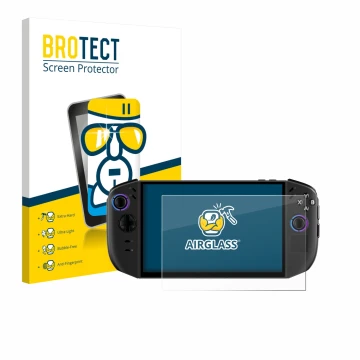 Front side of a product packaging with the brand logo BROTECT. Next to it is the device Lenovo Legion Go Gen 2 shown with the 