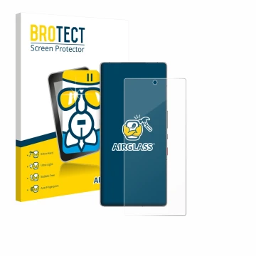 Front side of a product packaging with the brand logo BROTECT. Next to it is the device ZTE Nubia Red Magic 11 Pro shown with 